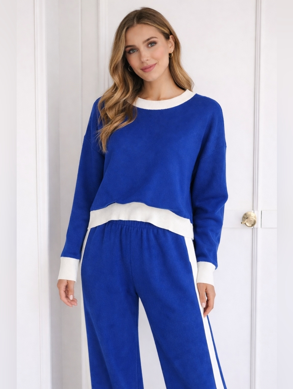 Blue and White Crewneck Women's Sweater